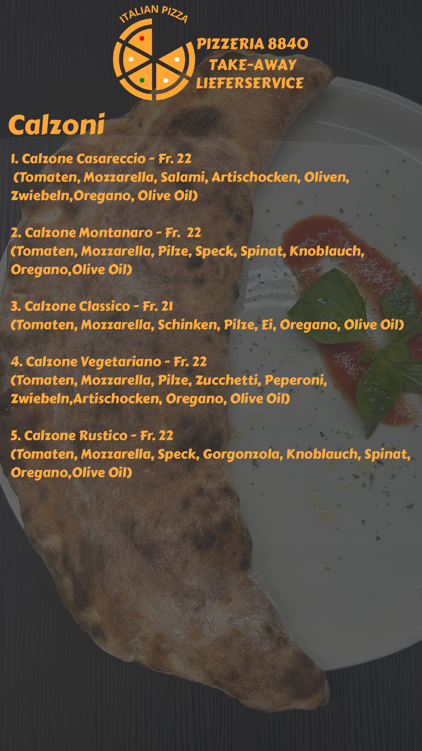 Menu Calzoni Pizzeria8840