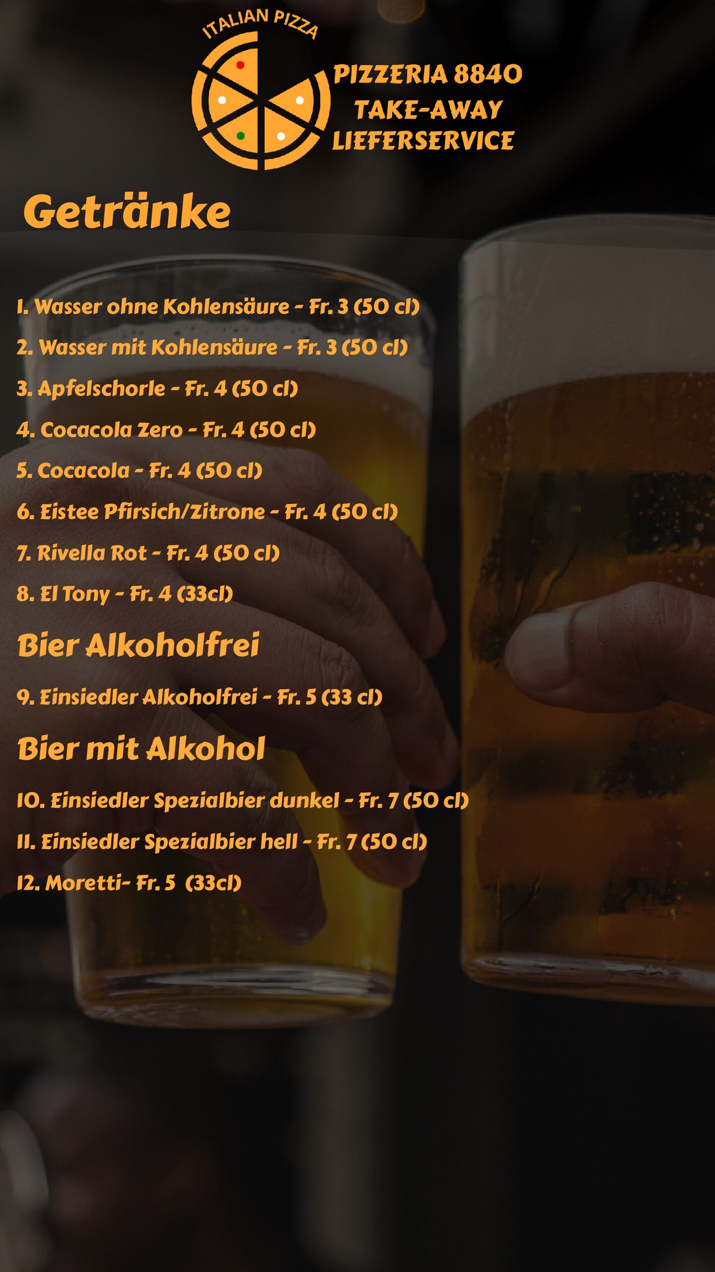 Menu Getränke Pizzeria8840